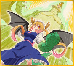 Rule 34 | 1girl, absurdres, black wings, blonde hair, blue dress, bow, breasts, colored skin, dragon, dragon girl, dragon horns, dragon tail, dragon wings, dress, floating hair, frills, gloves, green skin, green tail, highres, horns, kobayashi-san chi no maidragon, large breasts, long hair, looking at viewer, maid, maid headdress, musashi moo-sun, open mouth, orange eyes, pinafore dress, powering up, puffy sleeves, sleeveless, sleeveless dress, slit pupils, tail, tohru (maidragon), twintails, v-shaped eyebrows, very long hair, waist bow, white gloves, wings