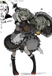 &gt;_&lt; 1boy 1girl apron arms_up art_program_in_frame black_boots black_dress boots circular_saw corin_wickes crying cuffs dress floating_hair flying_teardrops full_body green_hair highres holding holding_weapon inset knee_boots long_hair maid maid_headdress mizunako open_mouth partially_colored petelgeuse_romaneeconti puffy_short_sleeves puffy_sleeves re:zero_kara_hajimeru_isekai_seikatsu saw scared shackles short_sleeves simple_background standing swinging_weapon twintails weapon white_apron white_background zenless_zone_zero