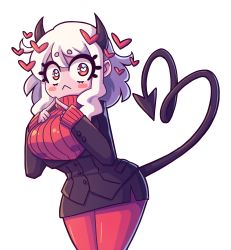 1girl :&lt; absurdres black_horns black_tail blush blush_stickers chibi commentary daigada demon_girl demon_horns demon_tail english_commentary formal_clothes heart heart-shaped_pupils heart_tail helltaker highres horns modeus_(helltaker) pantyhose red_eyes red_pantyhose red_sweater ribbed_sweater short_hair simple_background sweater symbol-shaped_pupils tail transparent_background turtleneck turtleneck_sweater white_background white_hair
