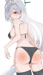 Rule 34 | 1girl, 966 kururu 966, absurdres, animal ear fluff, animal ears, bare arms, bare back, bare shoulders, bikini, black bikini, black thighhighs, blue archive, blue eyes, blue halo, blush, broken halo, cross hair ornament, grey hair, hair ornament, hair over one eye, halo, hand on own ass, highres, long hair, parted lips, shiroko (blue archive), shiroko terror (blue archive), solo, spanked, swimsuit, thighhighs, wolf ears, wolf girl