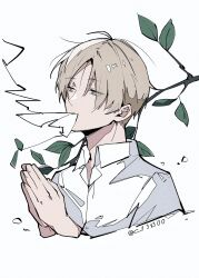 1boy blonde_hair branch c138300 collared_shirt commentary cropped_torso hashtag-only_commentary highres leaf looking_ahead male_focus natsume_takashi natsume_yuujinchou open_collar own_hands_together paper paper_in_mouth parted_bangs shirt solo white_shirt wing_collar