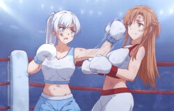 Rule 34 | 2girls, asuna (sao), blood, boxing, boxing gloves, boxing ring, breasts, bruise, catfight, crossover, fembox collect, injury, large breasts, multiple girls, rwby, sword art online, tagme, weapon connection, weiss schnee
