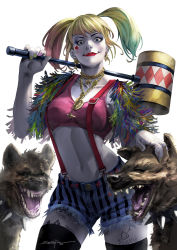 1girl batman_(series) birds_of_prey blonde_hair breasts clown dc_comics earrings harley_quinn highres hyena jewelry mallet multicolored_hair nail_polish navel necklace pale_skin short_shorts shorts smile suspenders tattoo weapon