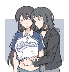 2girls anger_vein bang_dream! bang_dream!_it&#039;s_mygo!!!!! black_choker black_hair black_jacket blue_eyes blush choker closed_eyes closed_mouth crop_top hand_under_clothes highres jacket jenjen long_hair medium_hair midriff multiple_girls open_mouth shiina_taki shirt short_sleeves sweatdrop white_shirt yahata_umiri yuri