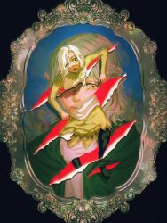 1boy absurdres black_background black_eyes braid breasts cloak commentary dungeon_meshi elf english_commentary gorget green_cloak highres juuxzi looking_at_viewer male_focus medium_breasts mithrun mithrun_(young) notched_ear one_eye_closed open_mouth painting_(object) pointy_ears simple_background solo teeth torn_painting tunic wavy_hair white_hair wide-eyed yellow_eyes
