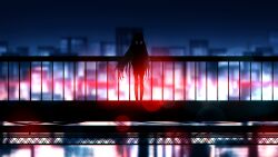 1girl blurry blurry_background bokeh bridge building cable chromatic_aberration city city_lights cityscape commentary depth_of_field english_commentary from_behind hatsune_miku highres long_hair miku_day nengoro pedestrian_bridge railing scenery skyline skyscraper solo standing twintails very_long_hair vocaloid wide_shot