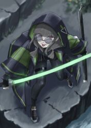 1girl :p absurdres aimai_mayday black_pantyhose black_raincoat black_shoes black_skirt black_socks blunt_bangs brown_hair closed_mouth commentary_request energy_sword fishnet_socks fishnets from_above highres holding holding_sword holding_weapon hood hood_up kachimachi_kosuzu link!_like!_love_live! long_hair looking_up love_live! low_twintails miniskirt nyuma official_alternate_costume pantyhose pink_eyes round_eyewear shoes short_twintails sidelocks skirt smile socks socks_over_pantyhose solo sunglasses sword tongue tongue_out twintails virtual_youtuber weapon
