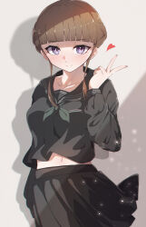 1girl absurdres black_sailor_collar black_shirt black_skirt blunt_bangs braid breasts brown_hair commentary_request euphoria_(clockup) gabanborjarnon green_neckerchief half_up_braid heart highres light_blush light_particles light_smile long_sleeves manaka_nemu navel neckerchief purple_eyes sailor_collar shadow shirt sidelocks skirt solo v