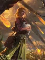 animal bag belt blonde_hair blue_eyes brown_vest cat copyright_name dated diego_cunha earrings green_skirt handbag highres holding holding_animal holding_cat jewelry legend_of_the_cryptids looking_to_the_side meteor outdoors skirt solo standing vest watermark