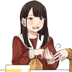 Rule 34 | 2girls, :d, animification, blush, braid, brown cardigan, brown dress, brown eyes, brown hair, cardigan, commentary, dress, hasu no sora school uniform, hayama fuka, highres, link! like! love live!, long hair, long sleeves, love live!, motion blur, multiple girls, namazakana kuenai, neckerchief, nonaka kokona, open mouth, out of frame, own hands together, real life, sailor collar, sailor dress, school uniform, side braids, sidelocks, sleeves past wrists, smile, solo focus, symbol-only commentary, teeth, upper body, upper teeth only, voice actor, white sailor collar, winter uniform, yellow neckerchief