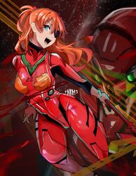1girl blue_eyes bodysuit breasts brown_hair cowboy_shot curvy eva_02 eyepatch floating_hair highres holding holding_weapon jumping lance lance_of_longinus_(evangelion) long_hair looking_at_viewer mecha_pilot_suit neon_genesis_evangelion niplyamrv open_mouth plugsuit_(evangelion) polearm rebuild_of_evangelion red_bodysuit simple_background small_breasts solo souryuu_asuka_langley weapon wide_hips