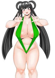 Rule 34 | 1girl, areola slip, black eyes, black hair, blush, breasts, cleavage, covered erect nipples, double v, double w, green slingshot swimsuit, hair rings, huge breasts, long hair, long twintails, morisoba (silent hill), navel, open mouth, original, sidelocks, slingshot swimsuit, solo, standing, swimsuit, thick thighs, thighs, twintails, v, w, white background