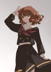 1girl absurdres arms_up black_shirt black_skirt brown_eyes brown_hair eyebrows_hidden_by_hair gan_xing_naobing gradient_background grey_background hibike!_euphonium highres kitauji_high_school_uniform long_sleeves medium_hair medium_skirt neckerchief oumae_kumiko parted_lips red_neckerchief sailor_collar school_uniform shirt skirt solo standing white_sailor_collar