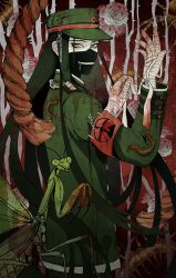 1boy applying_bandages arm_up armband bandaged_hand bandages black_mask blood blood_on_clothes bloody_bandages bug centipede chain chinese_commentary commentary_request danganronpa_(series) danganronpa_v3:_killing_harmony green_eyes green_hair green_hat green_jacket haidai_qingtang_(biology447) hat highres jacket long_hair long_sleeves male_focus mask mouth_mask praying_mantis red_armband shinguji_korekiyo solo spider upper_body very_long_hair