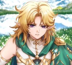 1boy angry blonde_hair cape e7 elf epic_seven fenris_(epic_seven) floral_background green_cape ibispaint_(medium) pointy_ears purple_eyes ryu-ko_san shirt simple_background tsundere upper_body video_game white_shirt