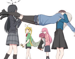 6+girls ahoge anglediana awa_subaru black_boots black_hair black_jacket black_overalls black_pantyhose black_socks blonde_hair blue_necktie blue_shorts blue_sweater boots bottle bow bowtie brown_hair carrying carrying_person chinese_commentary commentary_request crossover cube_hair_ornament diagonal-striped_clothes diagonal-striped_necktie dress drooling drunk genre_connection geta girls_band_cry gotoh_hitori green_dress grey_hair grey_skirt hair_ornament highres hiroi_kikuri holding holding_bottle ijichi_nijika instrument_connection iseri_nina jacket kawaragi_momoka kneehighs long_hair long_sleeves multicolored_hair multiple_girls necktie one_eye_closed open_clothes open_jacket open_mouth overalls pantyhose pantyhose_under_shorts pink_hair pink_jacket plaid_clothes plaid_skirt pleated_skirt polka_dot_bowtie purple_hair red_bow red_bowtie red_eyes roots_(hair) shirt shorts side_ponytail sidelocks simple_background skirt socks striped_clothes sweater trait_connection white_background white_shirt