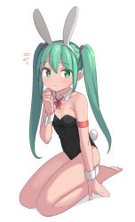 1girl animal_ears aqua_hair armband bare_legs bare_shoulders barefoot black_leotard breasts covered_navel detached_collar full_body green_eyes hair_between_eyes hairband highres leotard long_hair looking_at_viewer neck_ribbon original playboy_bunny rabbit_ears rabbit_tail red_ribbon ribbon saiste seiza simple_background sitting small_breasts solo strapless strapless_leotard tail twintails wavy_mouth white_background white_hairband wrist_cuffs