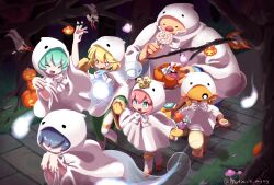 1girl 5boys ^_^ arm_up artist_name bare_tree barefoot basket blonde_hair blue_eyes blue_hair boots brown_mittens brown_pants candy cloak closed_eyes closed_mouth coat commentary costume covered_eyes dark-skinned_male dark_skin fat fat_man floating food ghost_costume ghost_tail gogotte_(puyopuyo) grass green_boots green_coat green_hair hair_over_eyes halloween halloween_bucket halloween_costume hands_up hat highres holding holding_basket holding_candy holding_food holding_hands holding_lollipop holding_mushroom hood hood_up hooded_cloak jack-o&#039;-lantern lollipop mittens motimoti_mgmg multiple_boys mushroom o_o ocean_prince open_mouth orange_eyes otomo_(puyopuyo) pants parted_lips pink_boots pink_hair pumpkin puyopuyo puyopuyo_fever_2 red_nose rei_(puyopuyo) salde_canarl_shellbrick_iii short_hair silk smile sparkling_eyes spider_web spirit standing stone_walkway surprised swirl_lollipop tartar_(puyopuyo) thigh_boots toes tree twitter_username walking white_cloak yellow_hat yellow_mittens yu_(puyopuyo)