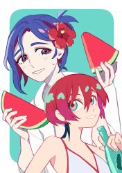 1boy 1girl amate_yuzuriha aqua_background aqua_eyes blue_hair blue_nails blush bottle colored_inner_hair flower food fruit gundam gundam_gquuuuuux hair_flower hair_ornament highres holding holding_bottle holding_food holding_fruit holding_watermelon hood hoodie multicolored_hair open_mouth ponytail purple_hair red_eyes red_hair rhelia short_hair shuji_ito simple_background smile summer sweatdrop two-tone_hair upper_body watermelon watermelon_slice