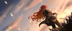 1girl absurdres black_boots black_hairband black_jacket black_shorts boots breasts commentary cropped_shirt dutch_angle eris_greyrat es_limi feet_out_of_frame from_below fur-trimmed_jacket fur_trim grass hairband hand_on_own_hip highres jacket large_breasts long_hair morning mushoku_tensei navel planted planted_sword planted_weapon red_hair shirt shorts sky solo standing sword thigh_boots weapon white_shirt