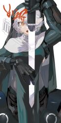 1girl absurdres cyborg gloves guimpe hair_over_one_eye highres holding holding_weapon joints looking_at_viewer nun open_mouth original robot_joints simple_background solo sword weapon white_background white_hair yellow_eyes yunimaru