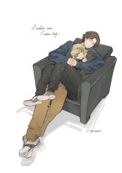 1boy 1girl absurdres animification blonde_hair brown_hair closed_mouth earrings highres hug jewelry kradebii marvel marvel_cinematic_universe sentry_(marvel) short_hair simple_background sleeping smile thunderbolts_(movie) white_background yelena_belova