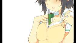 1girl absurdres asuka_(senran_kagura) between_breasts black_hair breasts brown_vest cleavage eyes_out_of_frame hair_ribbon head_out_of_frame highres large_breasts non-web_source official_art open_mouth pillarboxed ponytail ribbon scroll senran_kagura senran_kagura_burst sexually_suggestive shirt sidelocks solo vest white_background white_ribbon white_shirt yaegashi_nan