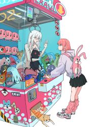Rule 34 | 2girls, absurdres, against glass, animal bag, bandaid, bandaid on leg, black skirt, cat, character doll, commentary request, covering privates, crane (machine), crane game, doll, ear tag, fish, grey hoodie, hair between eyes, hand on glass, hatsune miku, highres, hood, hood down, hoodie, hugging doll, hugging object, hunched over, loch ness monster, lollipop in mouth, looking at another, loose socks, multiple girls, navel, nike (company), nude, nude cover, orange cat, original, pink hair, pink socks, pleated skirt, rabbit bag, red eyes, shoes, simple background, skirt, sneakers, socks, standing, stomach, stuffed animal, stuffed crocodile, stuffed octopus, stuffed toy, tinkie, tongue, tongue out, white background, white hair, white shoes, zipper