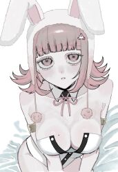1girl animal_ears animal_hood bare_shoulders black_leotard breasts cleavage closed_mouth collarbone danganronpa_(series) danganronpa_2:_goodbye_despair detached_collar fake_animal_ears flipped_hair galaga highres hood leotard looking_at_viewer medium_hair mole mole_on_breast nanami_chiaki neck_ribbon playboy_bunny rabbit_ears rabbit_hood ribbon sitting solo spaceship_hair_ornament strapless strapless_leotard v0_id11