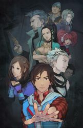 3girls 6+boys beanie black_hair braid breasts brother_and_sister brown_eyes brown_hair cleavage clenched_hands flannel glasses gun hair_bun hair_slicked_back hairband handgun hat headphones holding holding_gun holding_weapon hood hoodie ichimiya_(kyokugen_dasshutsu) junpei_(kyokugen_dasshutsu) kyokugen_dasshutsu kyokugen_dasshutsu:_9_jikan_9_nin_9_no_tobira large_breasts long_hair multiple_boys multiple_girls kurashiki_akane necktie niels_(kyokugen_dasshutsu) ninth_man_(kyokugen_dasshutsu) outstretched_hand parted_lips pink_hair pistol red_necktie santa_(kyokugen_dasshutsu) seven_(kyokugen_dasshutsu) siblings single_hair_bun sleeveless sleeveless_hoodie tea-and-dreams twintails weapon white_hair yashiro_(kyokugen_dasshutsu) yotsuba_(kyokugen_dasshutsu)