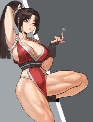 1girl absurdres arm_behind_head armpits bare_legs bare_shoulders breasts brown_eyes brown_hair come_hither fatal_fury high_ponytail highres japanese_clothes large_breasts ninja no_bra obi pelvic_curtain ponytail revealing_clothes sash shiranui_mai sideboob soldat_(dndosld73832) solo standing standing_on_one_leg the_king_of_fighters thick_thighs thighs toned toned_female