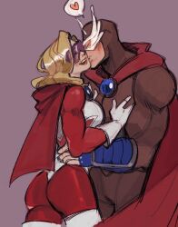 1girl ass blonde_hair blush boots brooch cape closed_eyes cowboy_shot f-zero gloves hands_on_another&#039;s_chest heart highres husband_and_wife jewelry kissing_cheek mask monkii_(mjooolnina) mrs._arrow muscular muscular_female muscular_male nintendo open_mouth purple_background smile solo spoken_heart sunglasses super_arrow thigh_boots