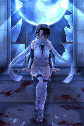 Rule 34 | 1girl, bare shoulders, black hair, blush, closed mouth, earrings, full moon, hair ornament, hair over one eye, hairclip, jewelry, kuro (ninkoro), looking at viewer, mole, mole under mouth, moon, mutsuki (mutsuki0110), night, night sky, ninja, ninja to koroshiya no futarigurashi, purple eyes, short hair, sky, smile, solo, thighhighs, white thighhighs