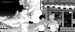 1boy 1girl absurdres ahoge animal blush building cardigan_vest cat cloud cloudy_sky collared_shirt commentary commission dress_shirt greyscale highres kushiro_yuu licking_another&#039;s_hand monochrome original outdoors ramune scenery shirt short_sleeves sky summer upper_body