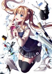 1girl :d artist_name bad_id bad_pixiv_id black-framed_eyewear black_ribbon black_skirt black_thighhighs blonde_hair blue_eyes blush brown_shoes commentary_request female_focus glasses hair_ribbon ink inkwell loafers long_hair long_sleeves open_mouth paint_tube paintbrush pleated_skirt ribbon saenai_heroine_no_sodatekata sailor_collar saruei sawamura_spencer_eriri school_uniform serafuku shoes simple_background skirt smile solo sweater_vest thighhighs twintails very_long_hair water watermark web_address white_background white_sailor_collar