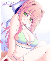 Rule 34 | 1girl, absurdres, artist name, bikini, breasts, brown hair, doki doki literature club, green bikini, green eyes, hair ribbon, highres, long hair, looking at viewer, medium breasts, monika (doki doki literature club), ribbon, simple background, sitting, smile, swimsuit, vioswirl, white ribbon