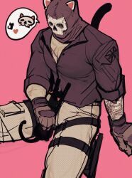 1boy animal_ears animal_hands arm_support arm_tattoo belt black_belt black_cat black_shirt call_of_duty call_of_duty:_modern_warfare_2 cat cat_ears cat_tail collared_shirt commentary english_commentary feet_out_of_frame ghost_(modern_warfare_2) gloves heart highres holster image_in_speech_bubble kemonomimi_mode kitten male_focus mask open_clothes open_shirt outstretched_legs pants paw_up pink_background scar scar_on_chest shirt simple_background sitting skull_mask sleeve_cuffs solo speech_bubble tail tattoo tattoo_sleeve thigh_belt thigh_holster thigh_strap union_jack zyyyyyyme
