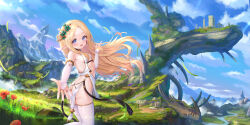 1girl absurdres arm_belt ass back blonde_hair blue_eyes borrowed_character breasts chinese_commentary cloud cowboy_shot dragon earrings elbow_gloves elf fantasy fingerless_gloves floating_hair flower fog forehead gloves grass hair_ornament highres hill jewelry landscape long_hair looking_at_viewer looking_back mountain mountainous_horizon nature no_panties open_mouth original outdoors outstretched_hand pelvic_curtain plant pointy_ears revealing_clothes river rock ruins scenery sechka skinny sky small_breasts smile solo sunlight thighhighs tree white_thighhighs wind