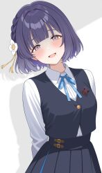 1girl absurdres arms_behind_back black_overskirt black_vest blue_ribbon blunt_bangs blush braid commentary_request empty_eyes flower gakuen_idolmaster hair_flower hair_ornament hataya_misuzu hatsuboshi_gakuen_school_uniform highres idolmaster long_sleeves looking_at_viewer mole mole_under_mouth neck_ribbon pleated_skirt purple_eyes purple_hair ribbon school_uniform shaded_face shadow shiguren_39 shirt short_hair skirt smile solo vest white_shirt yandere
