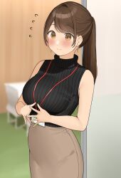 1girl :3 bare_shoulders black_sweater black_sweater_vest blurry blurry_background blush breasts brown_hair brown_skirt chair commentary_request doorway earrings flying_sweatdrops groin highres indoors jewelry lanyard large_breasts office office_lady ol-chan_(ol_mahonanoka) ol_mahonanoka original pencil_skirt ponytail ribbed_sweater shirt skirt sleeveless sleeveless_turtleneck smile solo steepled_fingers sweater sweater_vest swept_bangs table tareme taut_clothes taut_shirt taut_skirt turtleneck turtleneck_sweater