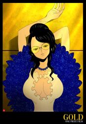 1girl arms_up black_border black_hair border breasts chris_re5 cleavage commentary copyright_name dress eyelashes feather_boa jewelry looking_at_viewer necklace nico_robin one_piece one_piece_film:_gold pearl_necklace ponytail solo swept_bangs tinted_eyewear twitter_username upper_body white_dress yellow-tinted_eyewear