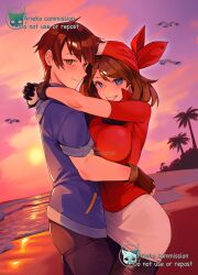 1boy 1girl ariekochan bandana beach black_shorts blue_eyes blush breasts brown_hair commission couple cowboy_shot gen_3_pokemon hetero highres large_breasts may_(pokemon) nintendo ocean pokemon pokemon_rse red_bandana red_shirt sand shirt short_hair shorts skirt sunset water white_skirt wingull
