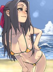 1girl beach bikini black_eyes black_hair breasts cleavage cloud commentary_request day hair_ribbon hijiri_rei jaggy_lines large_breasts leaning_forward lowres micro_bikini ocean oekaki original outdoors ribbon sky solo striped_bikini striped_clothes swimsuit underboob water