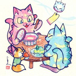 animal_ear_fluff animal_focus bakeneko blue_fur cat commentary_request food fox highres holding kaiju konatsu_tunacan negora nekomata no_humans open_mouth original pink_fur simple_background sitting table traditional_media whiskers wind_chime