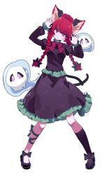 1girl animal_ears artist_request black_shirt black_shoes black_skirt black_socks bow bowtie braid cat_ears cat_tail closed_mouth commentary commentary_request english_commentary extra_ears floating_skull frilled_skirt frills full_body green_bow hair_bow highres juliet_sleeves kaenbyou_rin kneehighs long_hair long_sleeves looking_at_viewer mixed-language_commentary multiple_tails nekomata psd_available puffy_sleeves red_bow red_bowtie red_eyes red_hair second-party_source shirt shoes single_kneehigh single_sock skirt smile socks solo tachi-e tail touhou transparent_background twin_braids two_tails