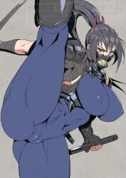 1girl black_eyes black_hair breasts cameltoe covered_erect_nipples dual_wielding grey_background high_ponytail holding holding_sword holding_weapon huge_breasts katana long_hair mikoyan muscular muscular_female ponytail shoulder_pads simple_background solo soul_calibur split standing standing_on_one_leg standing_split sword taki_(soulcalibur) watermark weapon