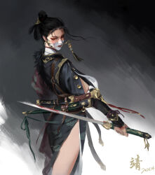 Rule 34 | 1girl, absurdres, black hair, chinese clothes, cowboy shot, from behind, highres, holding, holding sword, holding weapon, jingyu wen, looking back, original, scabbard, sheath, solo, standing, sword, weapon, white mask
