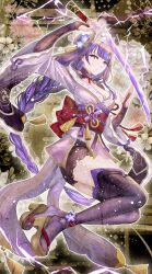 Rule 34 | 1girl, absurdres, black thighhighs, braid, braided ponytail, breasts, bridal gauntlets, closed mouth, commentary request, electricity, floral background, from below, genshin impact, highres, holding, holding weapon, japanese clothes, kimono, large breasts, long hair, looking at viewer, looking down, looking to the side, mitsudomoe (shape), miyashirokiyu, mole, mole under eye, musou isshin (genshin impact), obi, obiage, obijime, platform sandals, purple eyes, purple hair, purple kimono, raiden shogun, red sash, sandals, sash, shrug (clothing), single braid, solo, thighhighs, tomoe (symbol), very long hair, weapon