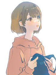 1girl bag green_hair holding holding_bag idolmaster idolmaster_shiny_colors long_sleeves nanakusa_nichika open_mouth orange_shirt orniflop shirt short_hair solo standing yellow_eyes