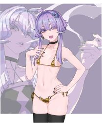 1girl absurdres ahoge areola_slip bikini black_choker black_nails black_thighhighs choker cigarette collarbone commentary earrings english_commentary gold_bikini golden_week golden_week_bikini hair_intakes hair_ornament hand_on_own_hip hand_up highres holding holding_cigarette jewelry looking_at_viewer mashima_jirou multiple_views navel o-ring o-ring_bikini open_mouth piercing purple_background purple_eyes purple_hair short_hair_with_long_locks skindentation smoke stomach swimsuit teeth thighhighs tongue_piercing two-tone_background upper_teeth_only vocaloid voiceroid white_background yuzuki_yukari